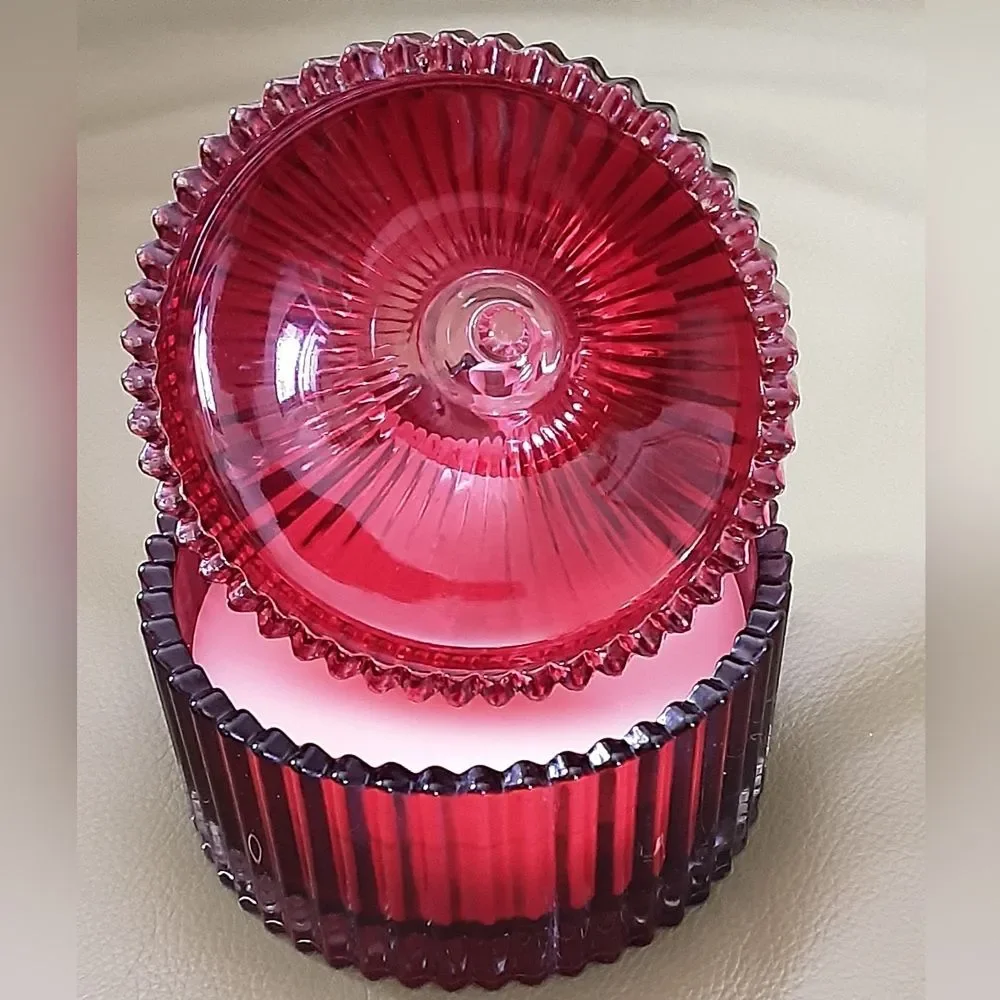 Decorware Inc. Ribbed Cranberry Covered Glass Candle Jar - Vtg